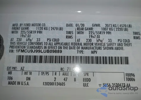 2020 Ford Escape Titanium z USA, uszkodzony, nr VIN 1FMCU9J99LUB09889